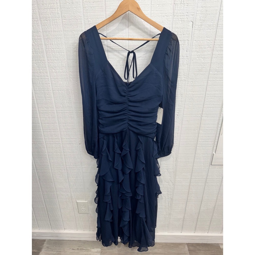 Line & Dot Ruffle Midi Dress Women Navy Blue Ruched Long Sleeve S